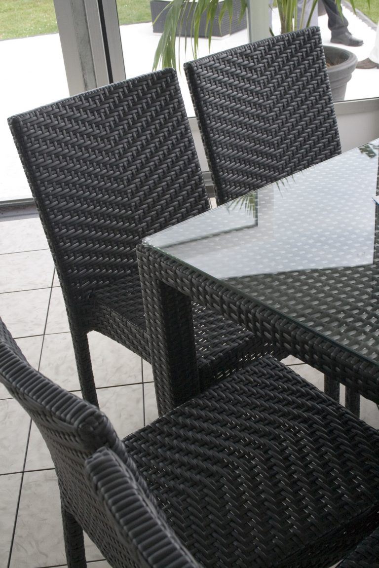 Black Rattan Dining Table Chairs 5 Platinum Hire